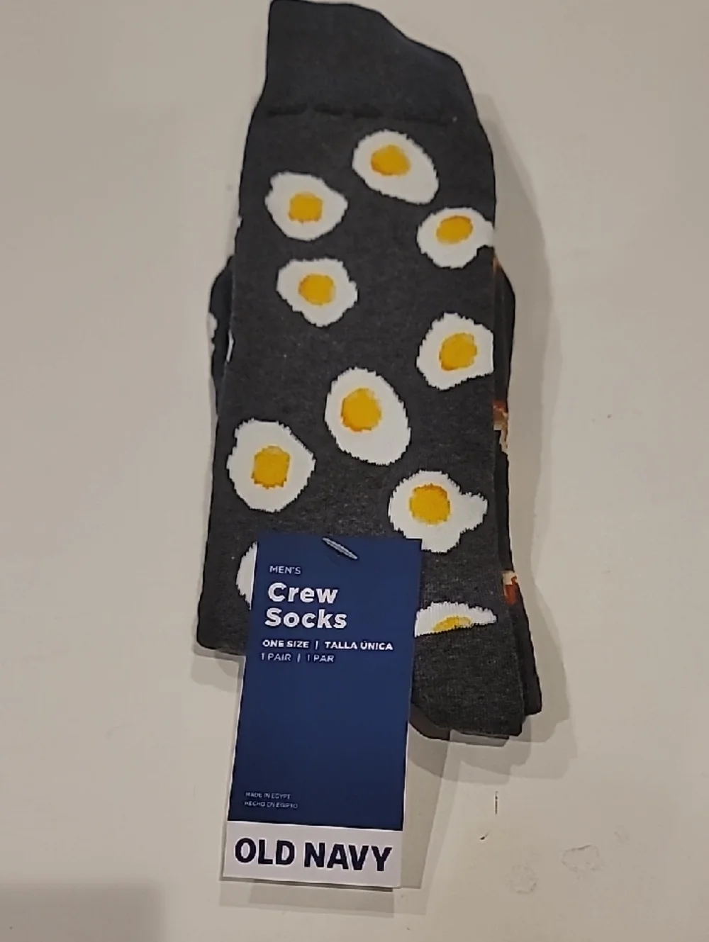 Old Navy Novelty Dark Gray Crew Socks with Egg & Bacon Motifs